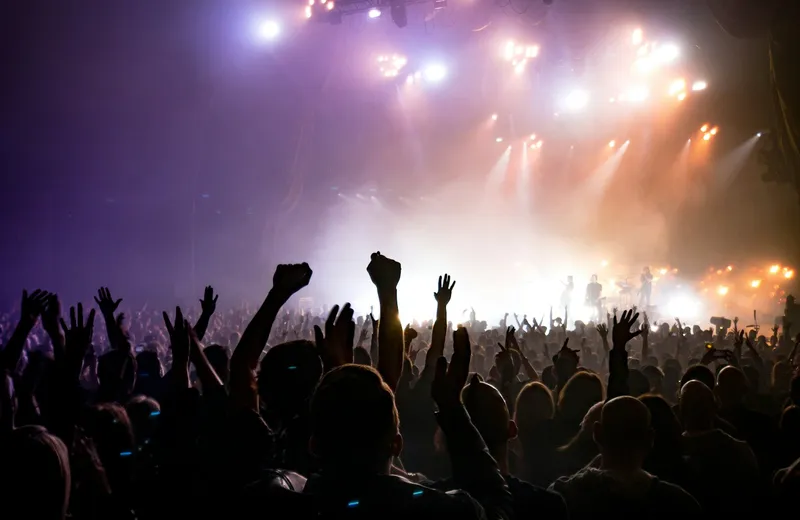 Concert crowd with raised hands under bright stage lights — ViviMate music